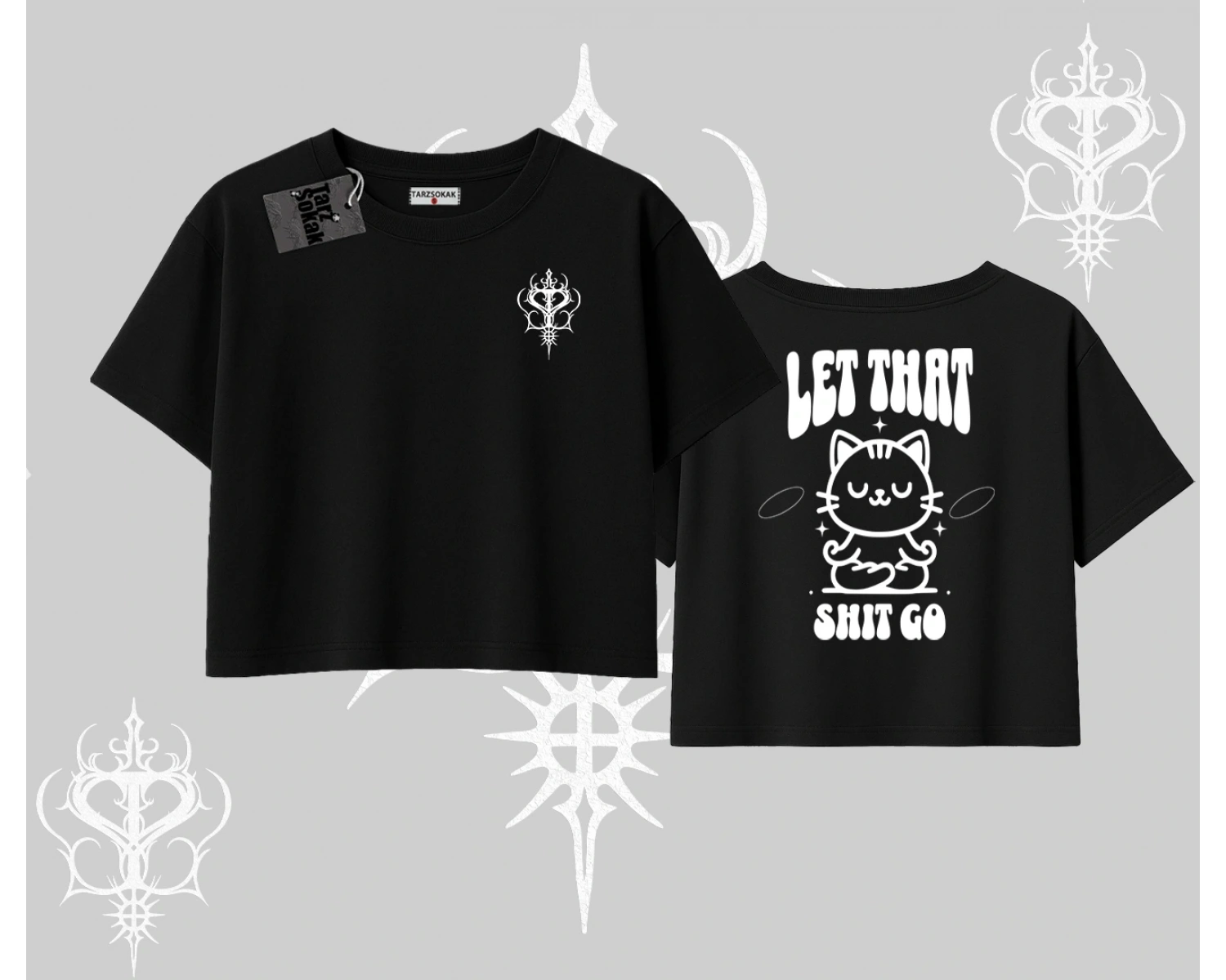 Meditasyon Yapan Kedi Baskılı Oversize Crop Tshirt