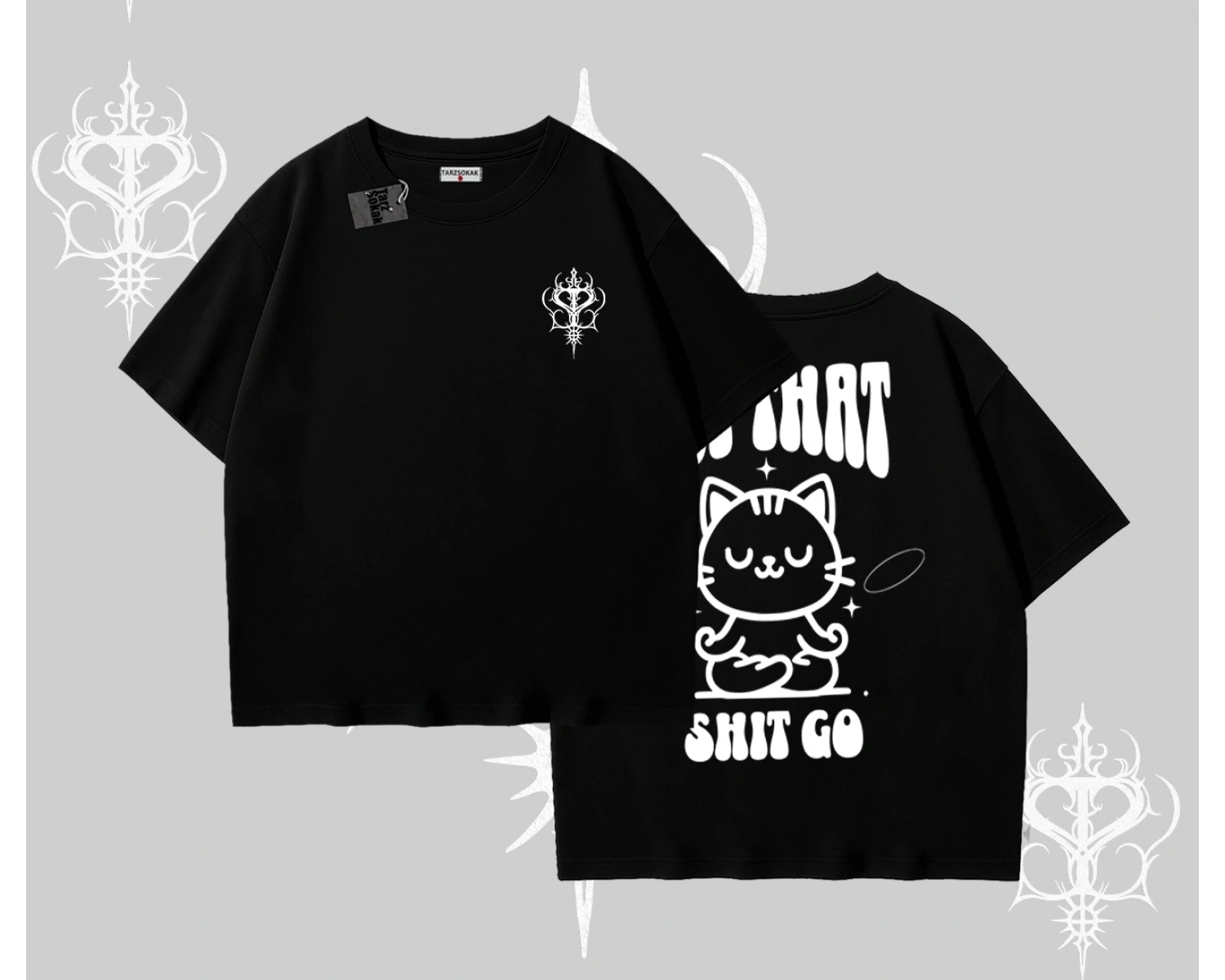 Meditasyon Yapan Kedi Baskılı Oversize Tshirt