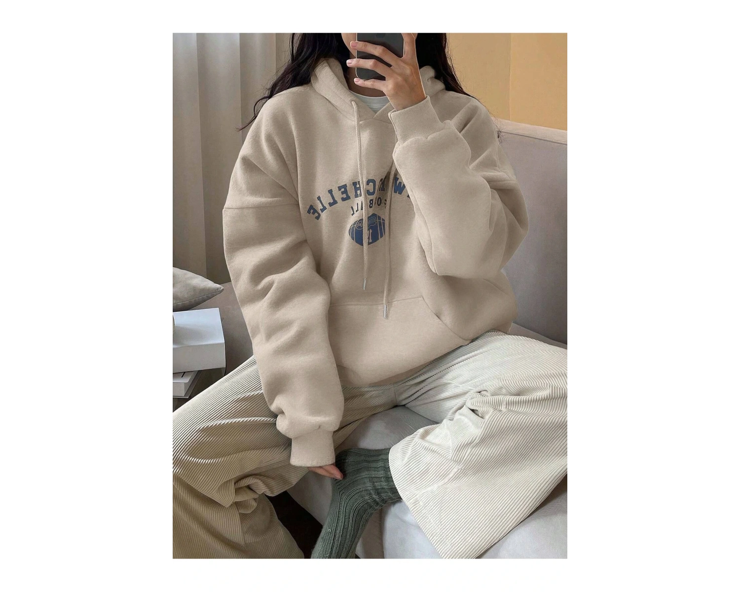 Mektup Grafik Damla Omuz İpli Kapüşonlu Üst Bej