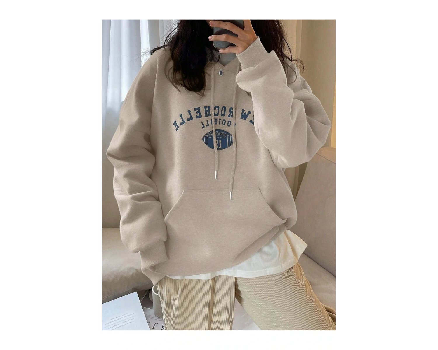 Mektup Grafik Damla Omuz İpli Kapüşonlu Üst Bej