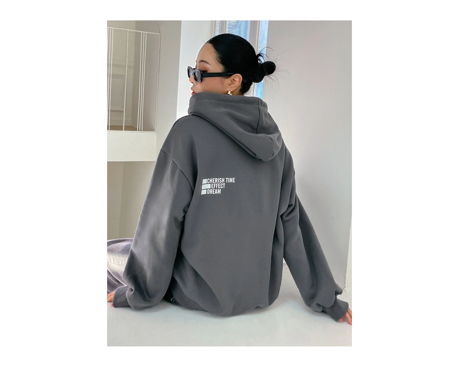 Mektup Grafik Damla Omuz İpli Kapüşonlu Üst Gri