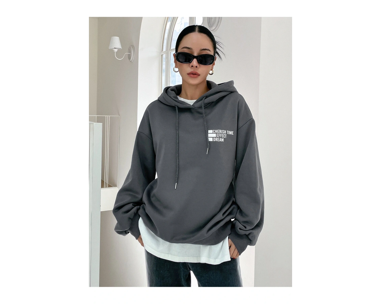 Mektup Grafik Damla Omuz İpli Kapüşonlu Üst Gri