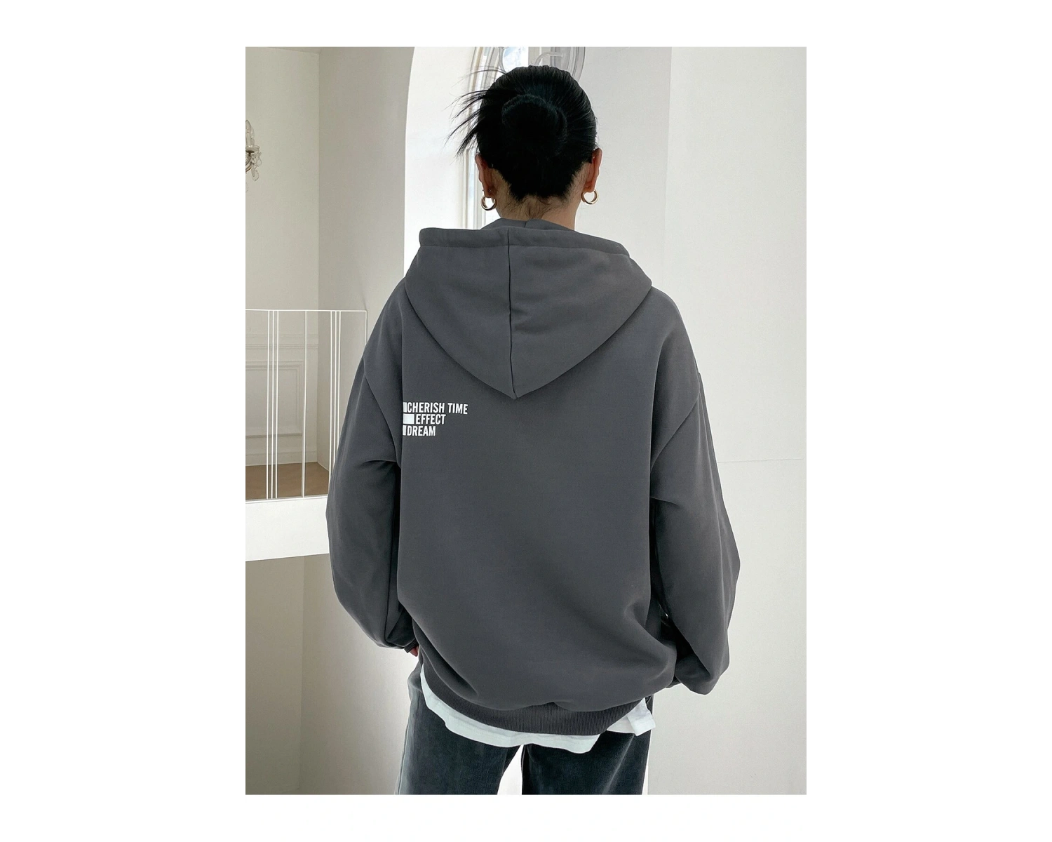 Mektup Grafik Damla Omuz İpli Kapüşonlu Üst Gri