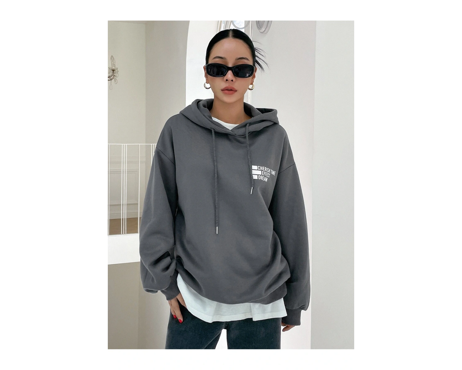 Mektup Grafik Damla Omuz İpli Kapüşonlu Üst Gri