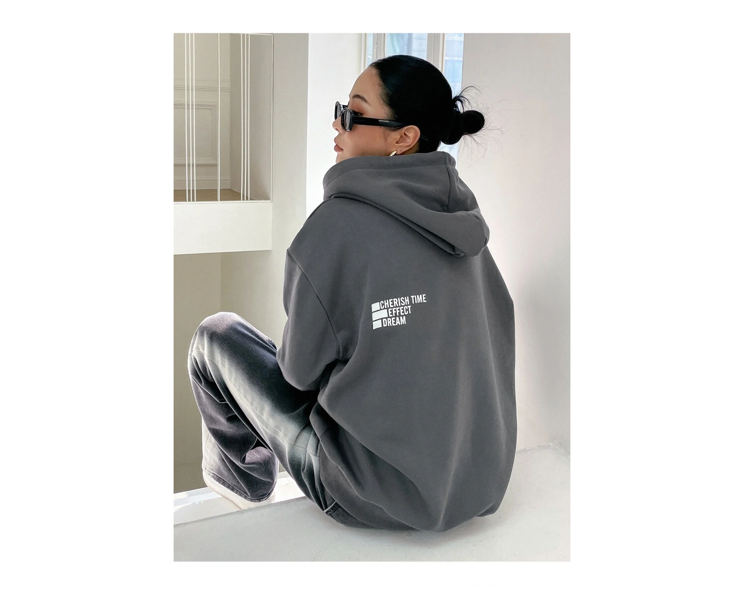 Mektup Grafik Damla Omuz İpli Kapüşonlu Üst Gri