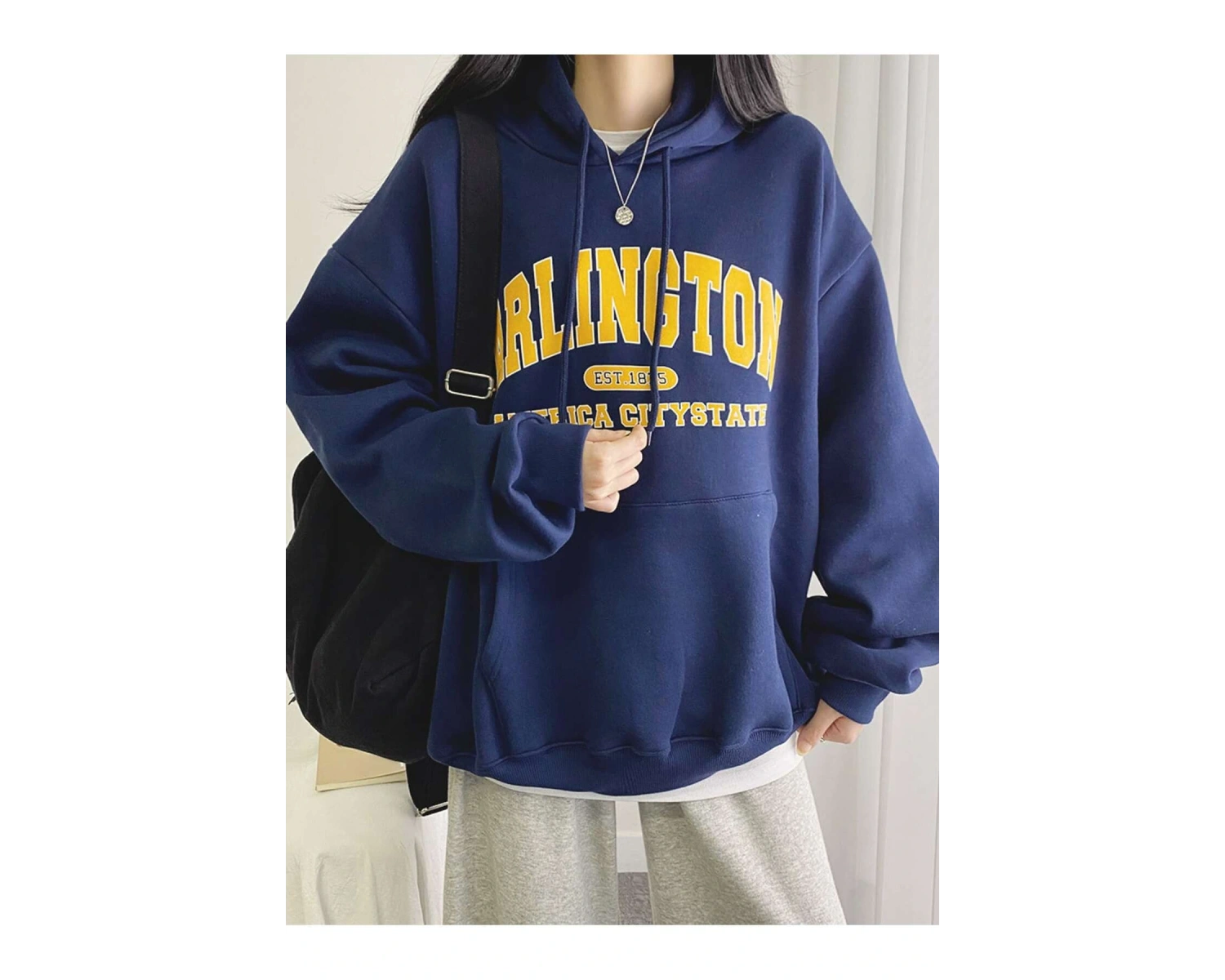 Mektup Grafik Damla Omuz Kanguru Cep İpli Hoodie Tee Olmadan MAVİRENK