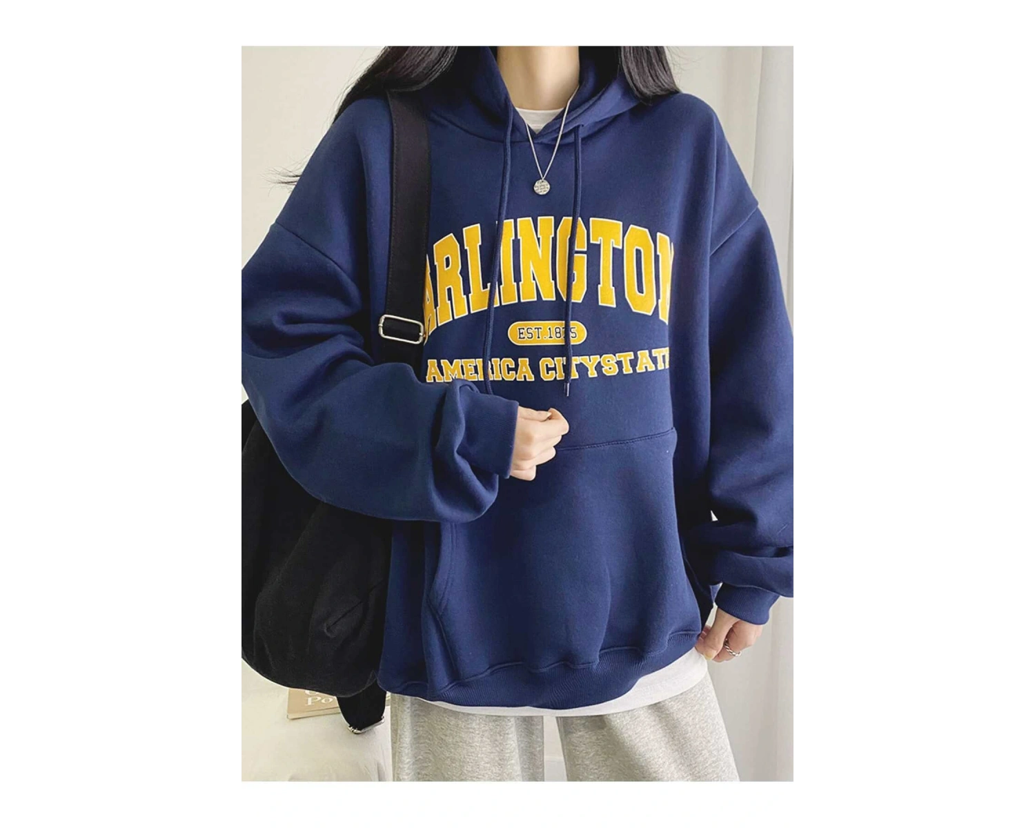 Mektup Grafik Damla Omuz Kanguru Cep İpli Hoodie Tee Olmadan MAVİRENK