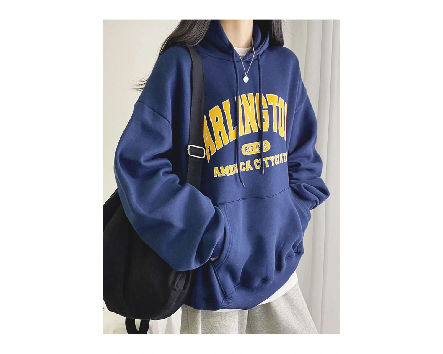 Mektup Grafik Damla Omuz Kanguru Cep İpli Hoodie Tee Olmadan MAVİRENK