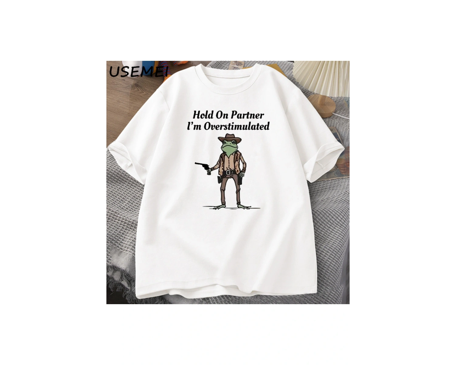 Mens T-shirt Hold on Partner Im Overstimulated Funny Meme Graphic T Shirts Cowboy Frog T Shi 2834