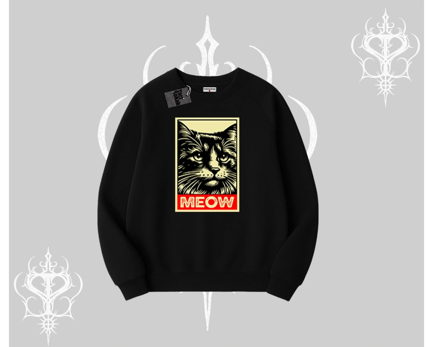 Meow Yazılı Kedi Portre Baskılı Biskilet Sweatshirt