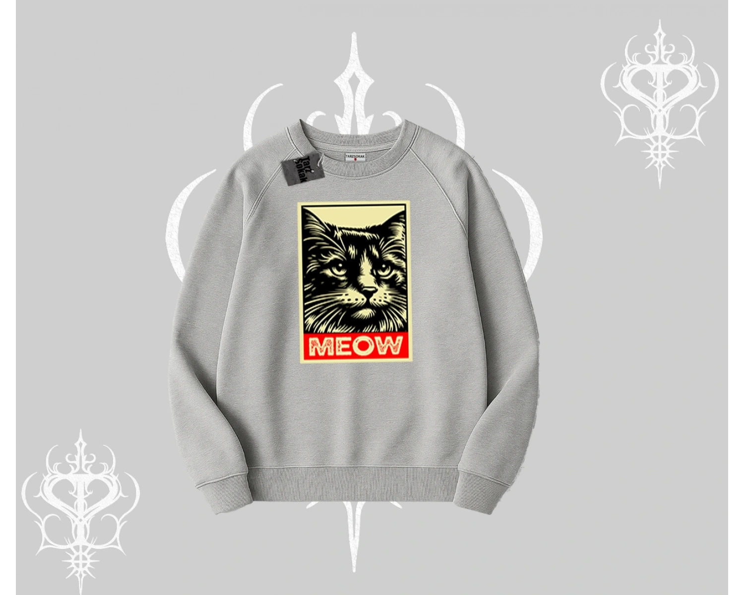 Meow Yazılı Kedi Portre Baskılı Biskilet Sweatshirt