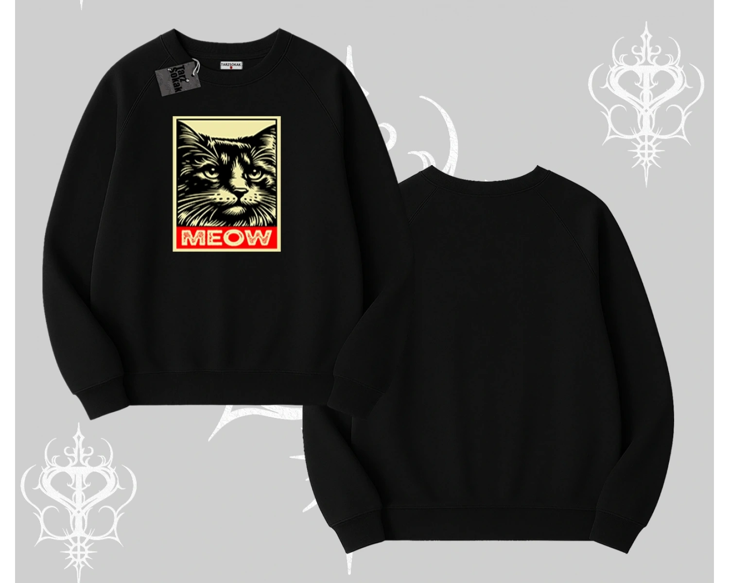 Meow Yazılı Kedi Portre Baskılı Biskilet Sweatshirt