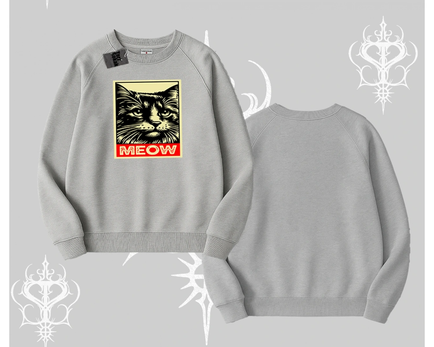 Meow Yazılı Kedi Portre Baskılı Biskilet Sweatshirt