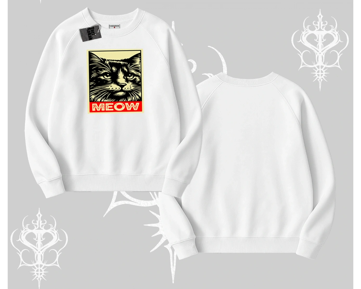 Meow Yazılı Kedi Portre Baskılı Biskilet Sweatshirt