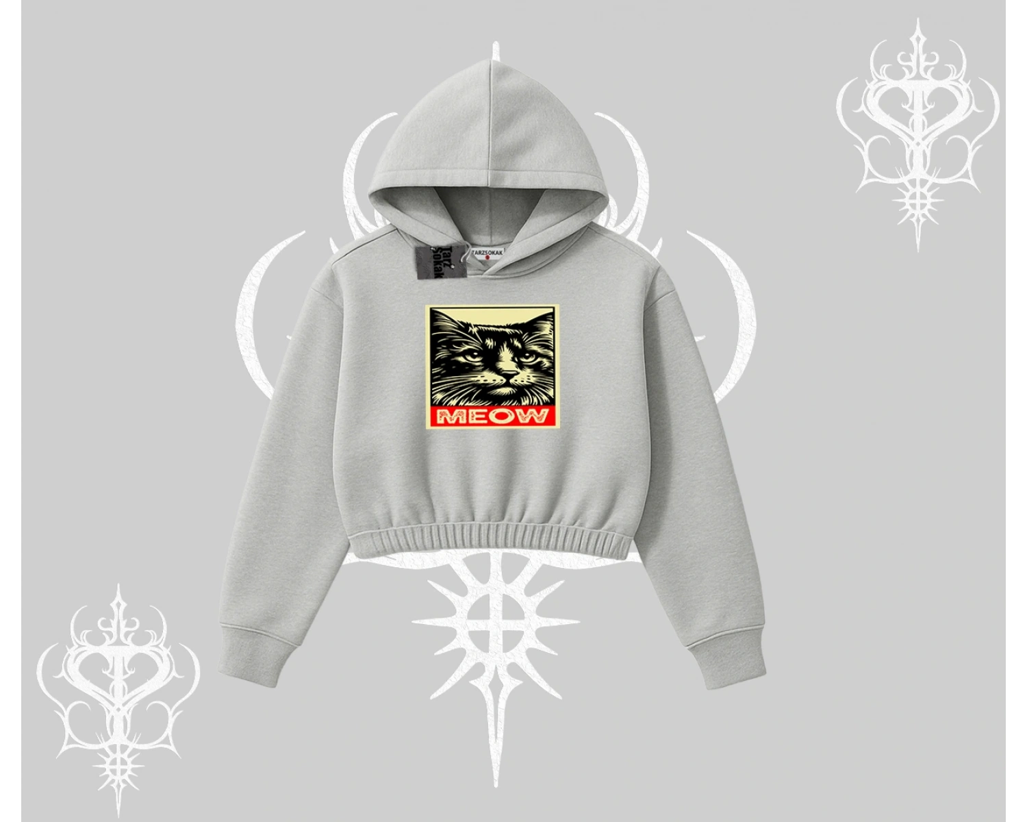 Meow Yazılı Kedi Portre Baskılı Kapşonlu Crop Sweatshirt