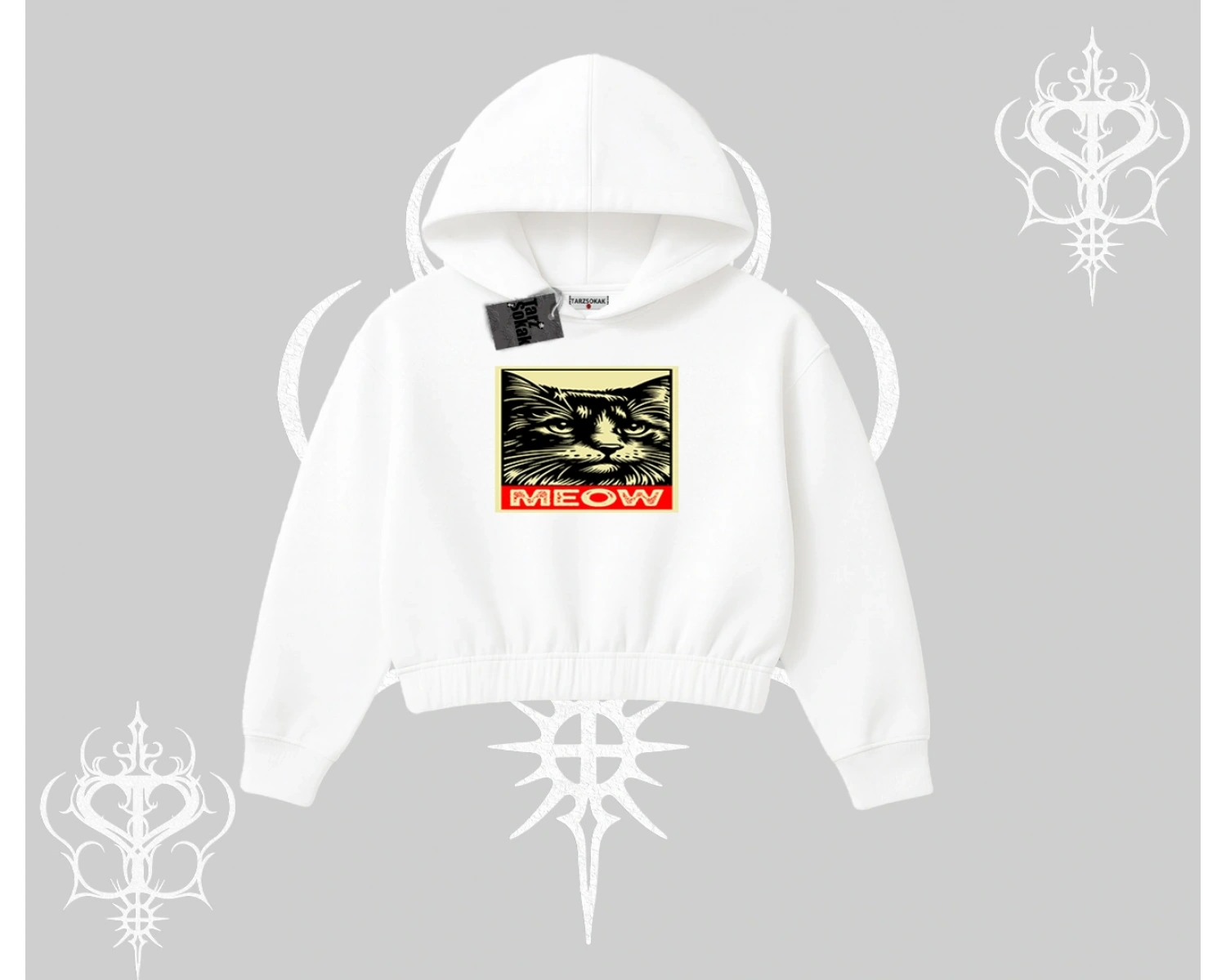 Meow Yazılı Kedi Portre Baskılı Kapşonlu Crop Sweatshirt