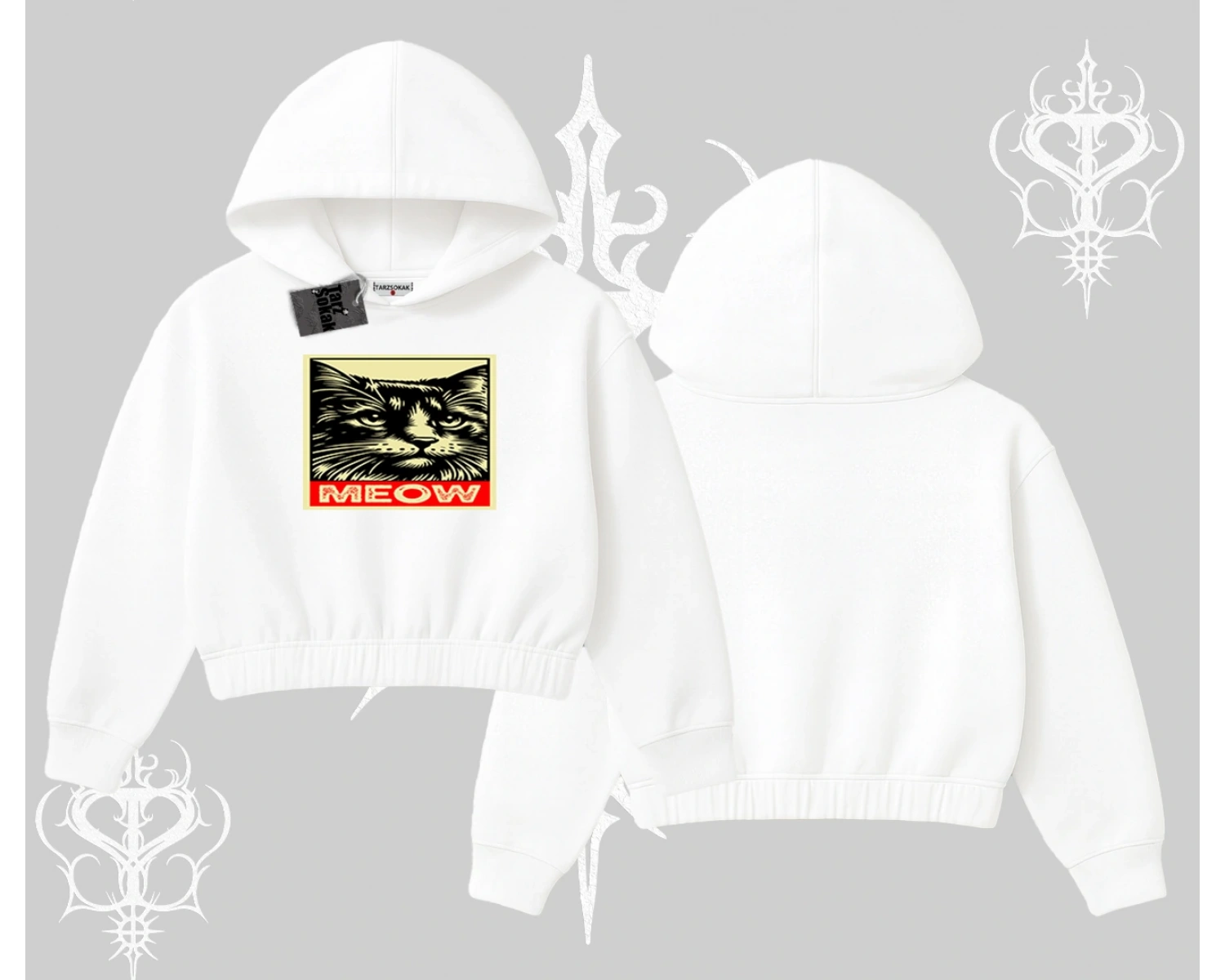 Meow Yazılı Kedi Portre Baskılı Kapşonlu Crop Sweatshirt