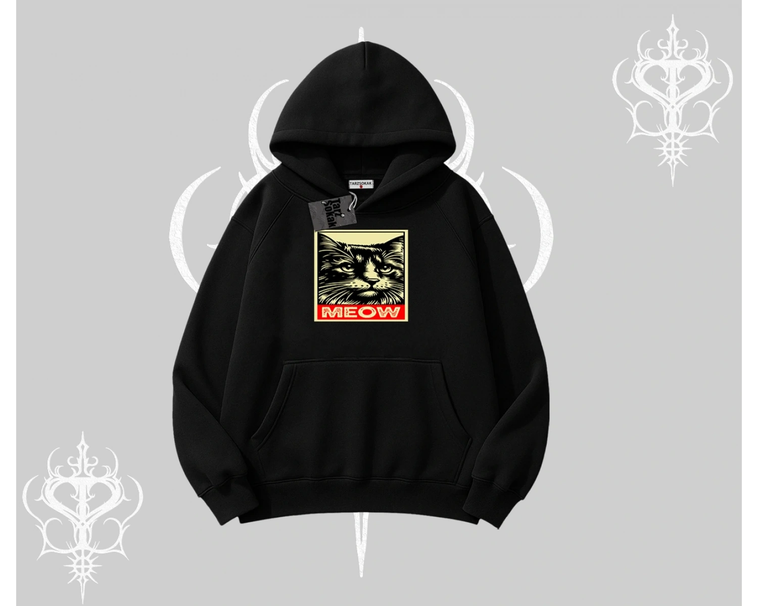 Meow Yazılı Kedi Portre Baskılı Kapşonlu Sweatshirt