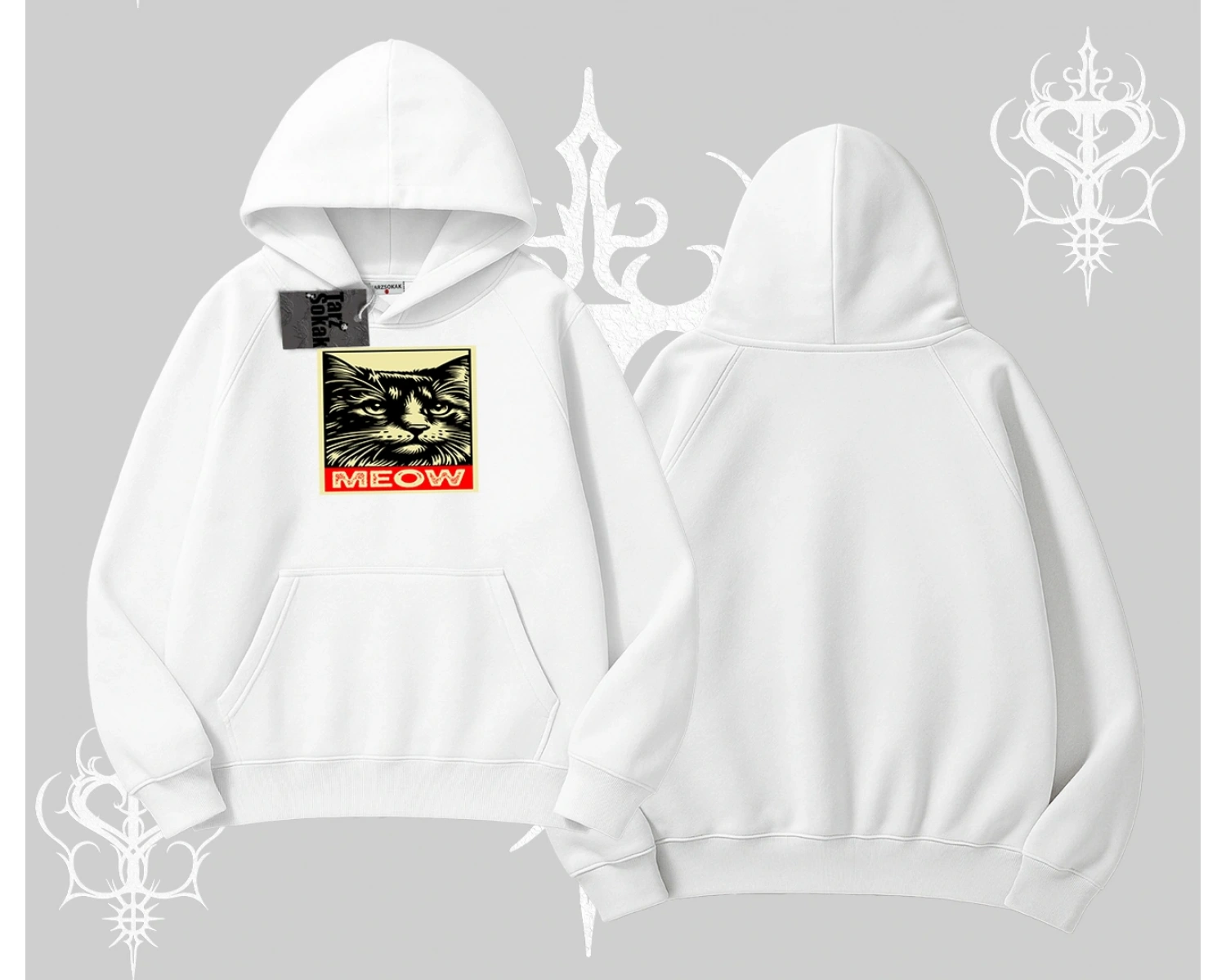 Meow Yazılı Kedi Portre Baskılı Kapşonlu Sweatshirt