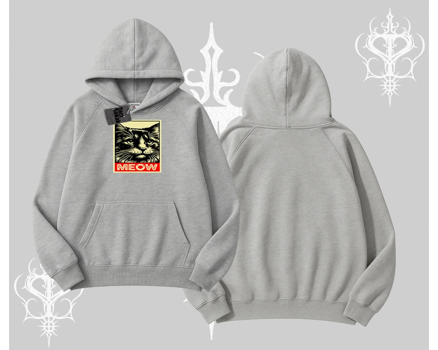 Meow Yazılı Kedi Portre Baskılı Kapşonlu Sweatshirt