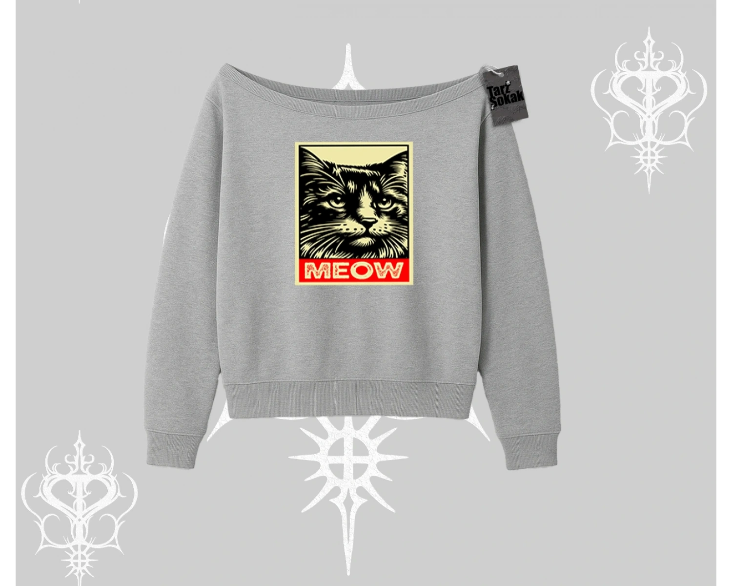 Meow Yazılı Kedi Portre Baskılı Kayık Yaka Sweatshirt