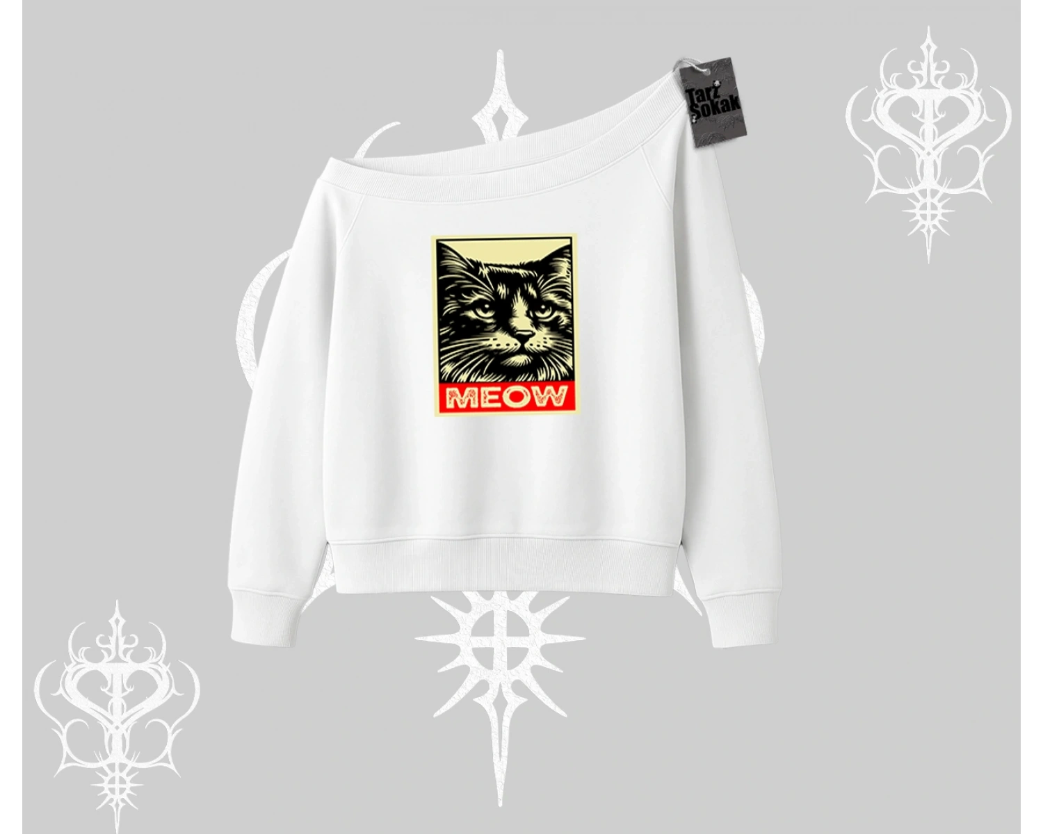 Meow Yazılı Kedi Portre Baskılı Kayık Yaka Sweatshirt