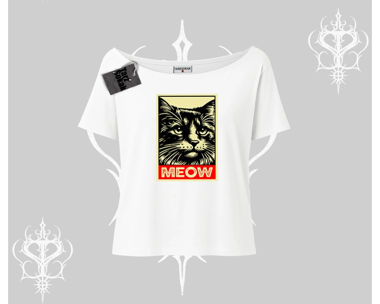 Meow Yazılı Kedi Portre Baskılı Kayık Yaka Tshirt