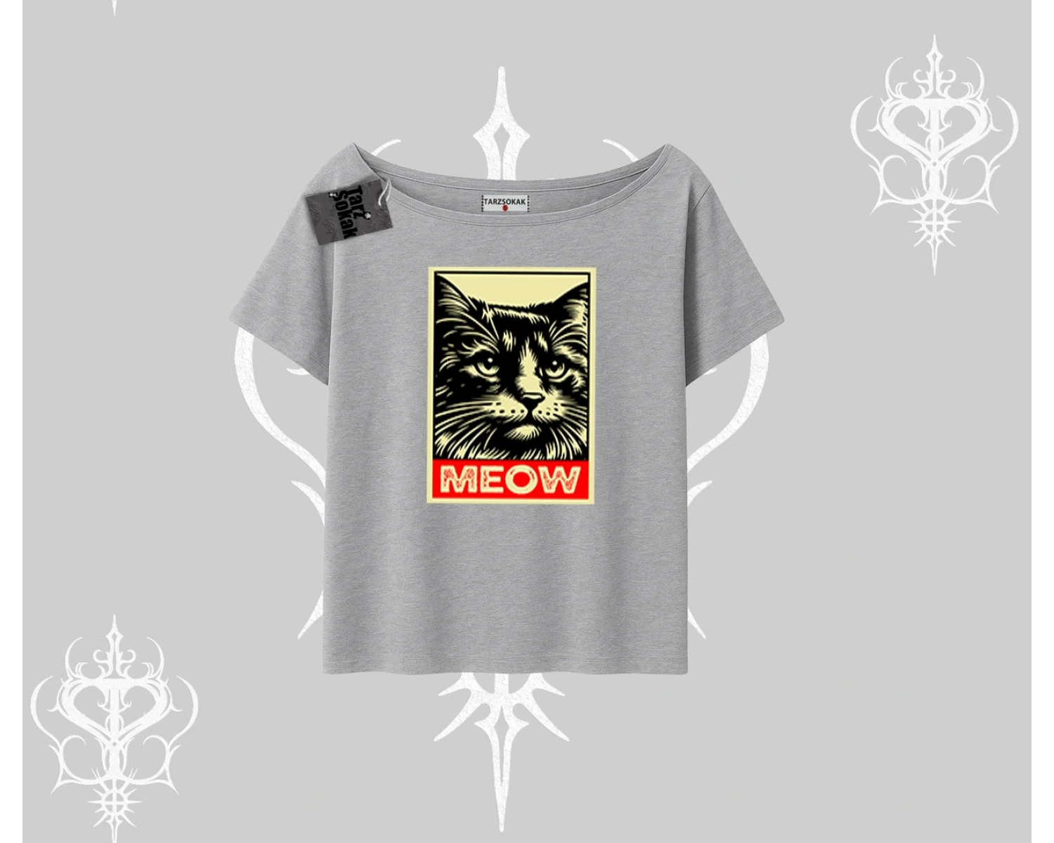 Meow Yazılı Kedi Portre Baskılı Kayık Yaka Tshirt