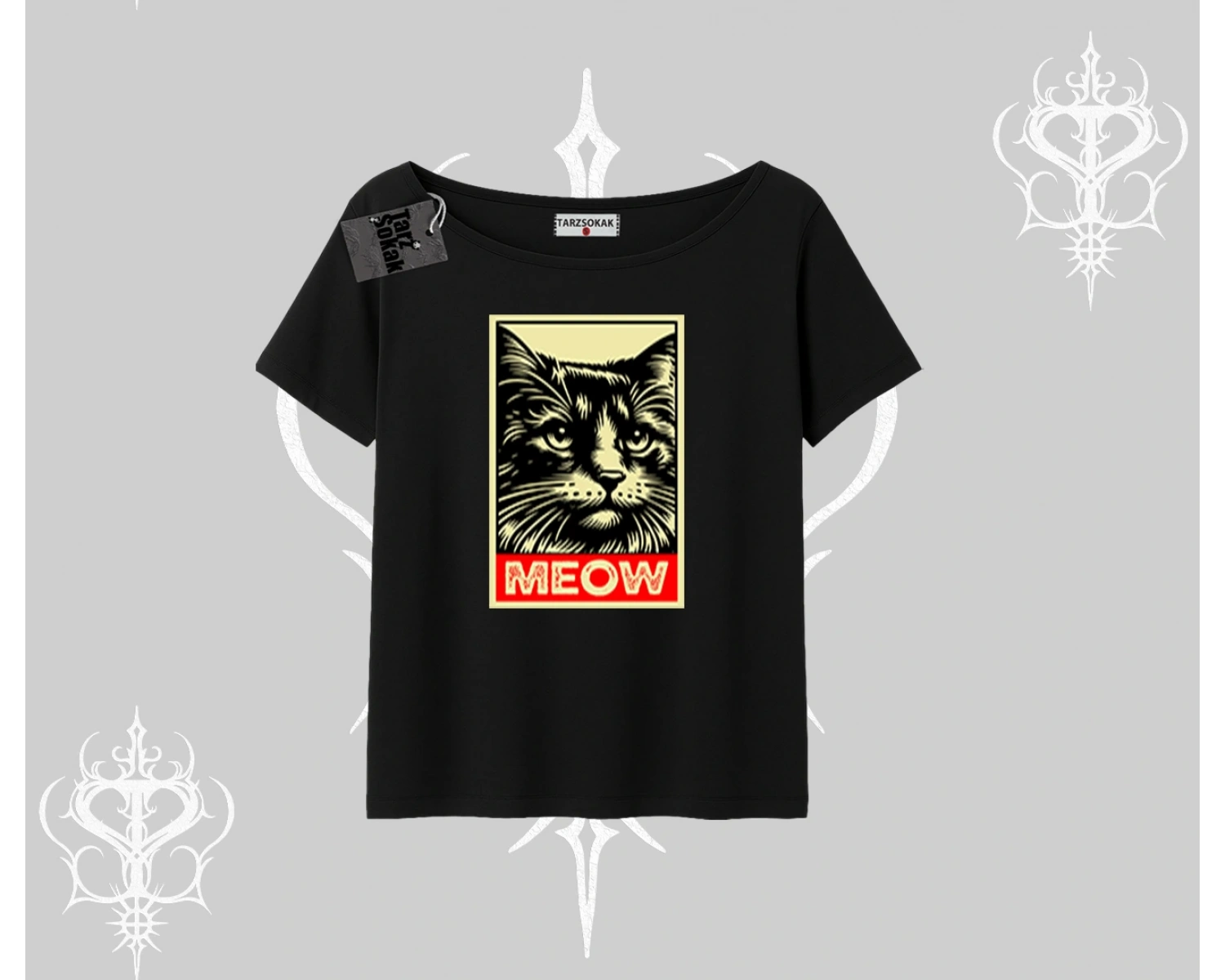 Meow Yazılı Kedi Portre Baskılı Kayık Yaka Tshirt