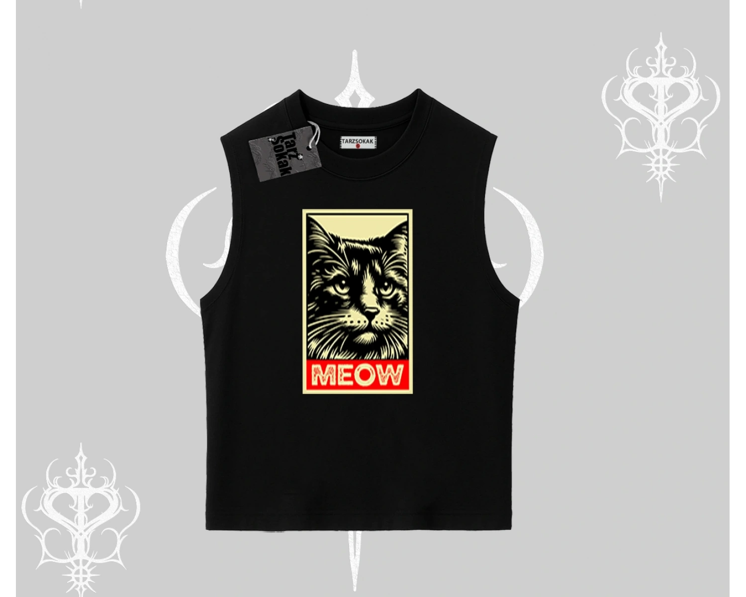 Meow Yazılı Kedi Portre Baskılı Kolsuz Tshirt