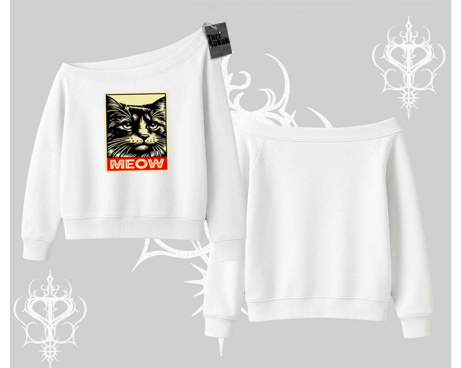 Meow Yazılı Kedi Portre Baskılı Kolsuz Tshirt