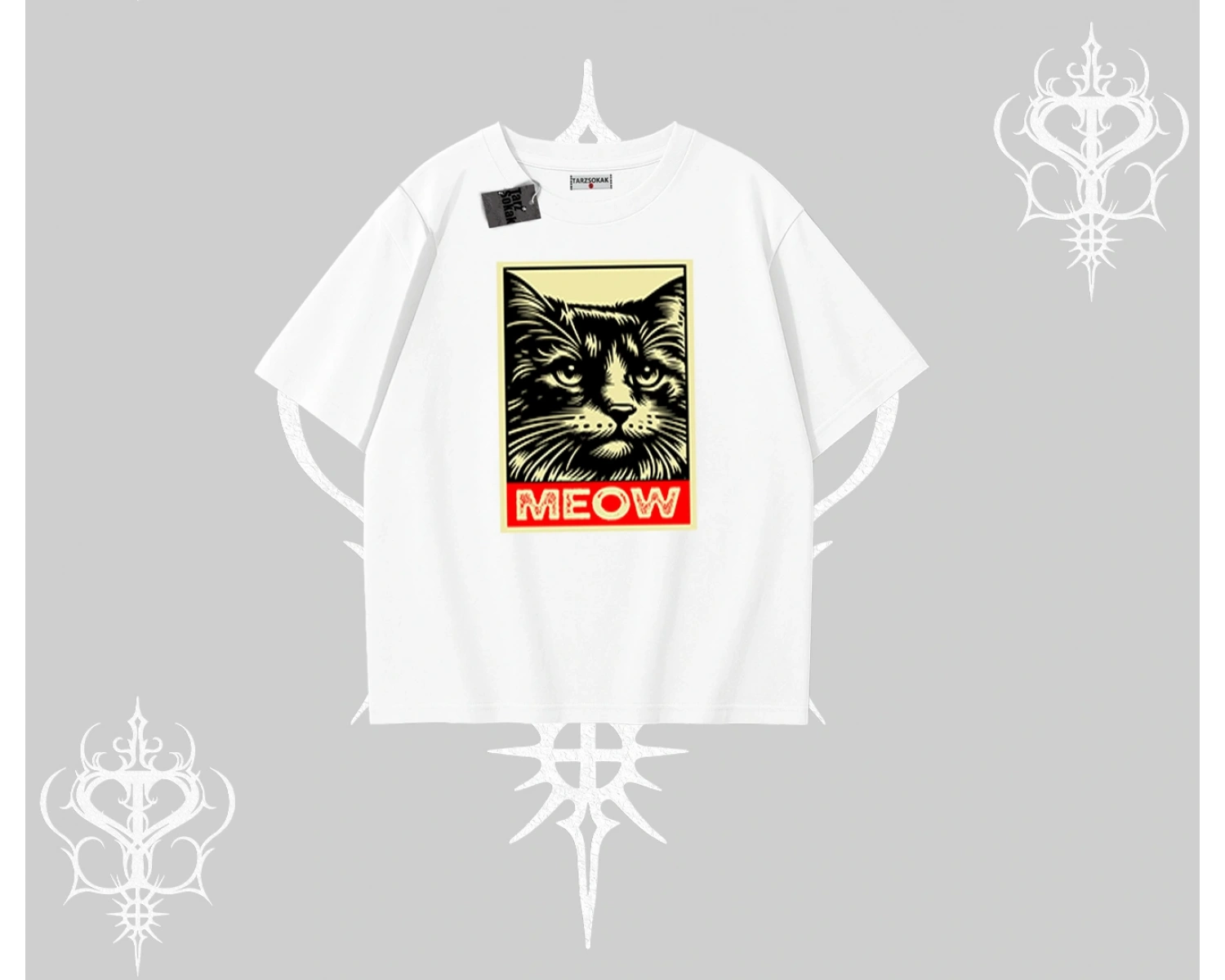 Meow Yazılı Kedi Portre Baskılı Oversize Tshirt