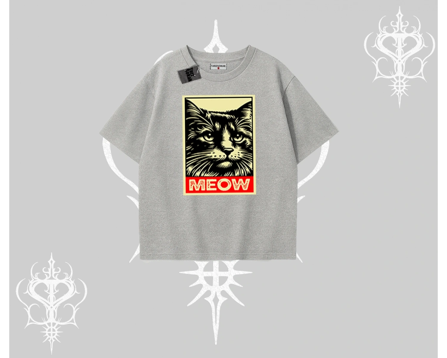 Meow Yazılı Kedi Portre Baskılı Oversize Tshirt