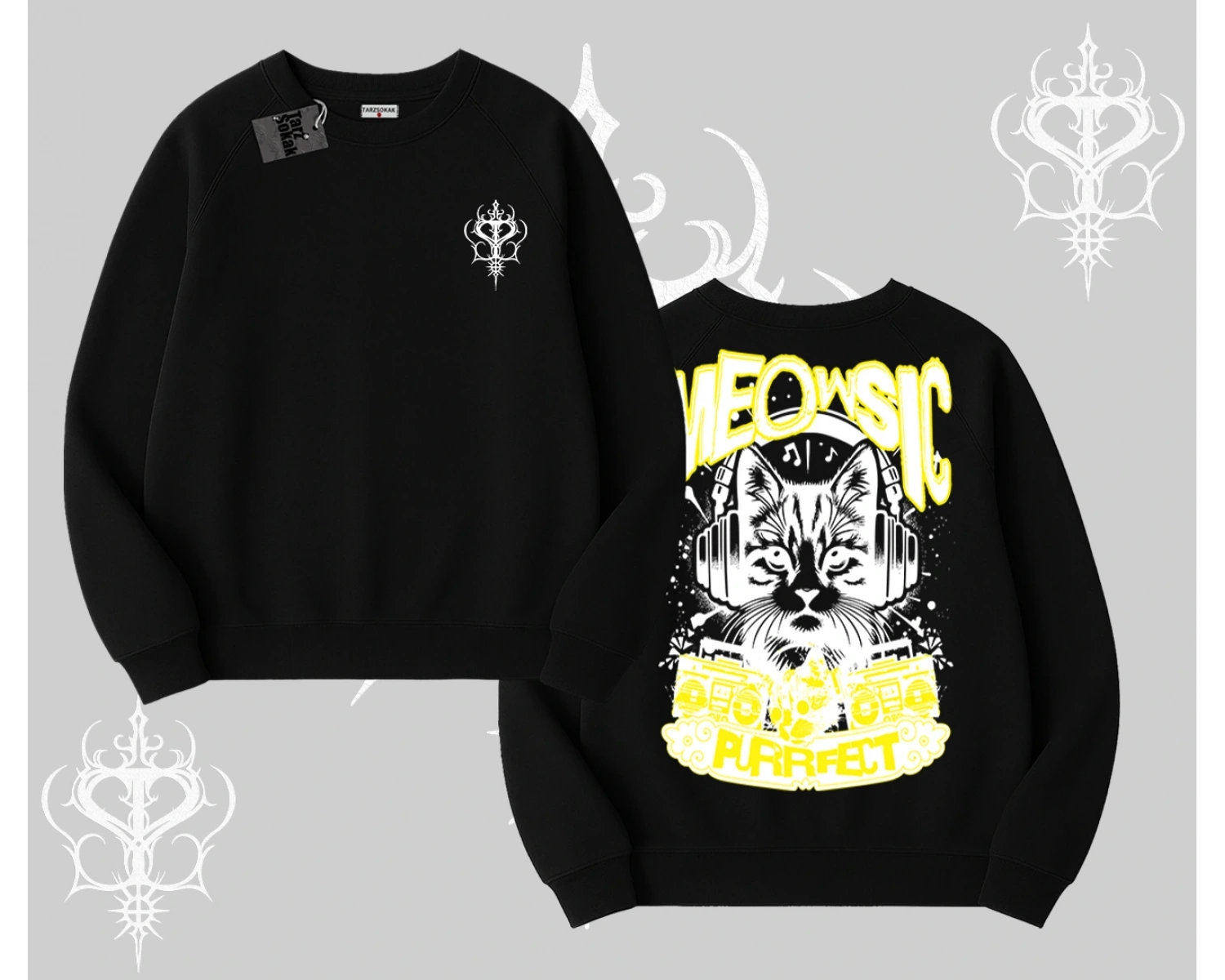 Meowsic Purrfect Kedi Arka Baskılı Biskilet Sweatshirt