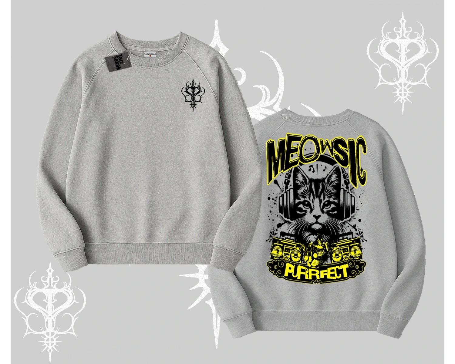 Meowsic Purrfect Kedi Arka Baskılı Biskilet Sweatshirt