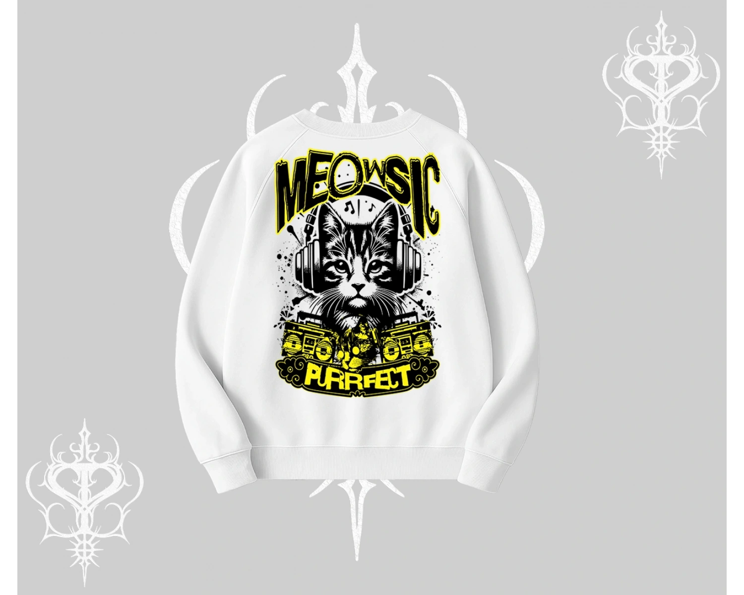 Meowsic Purrfect Kedi Arka Baskılı Biskilet Sweatshirt