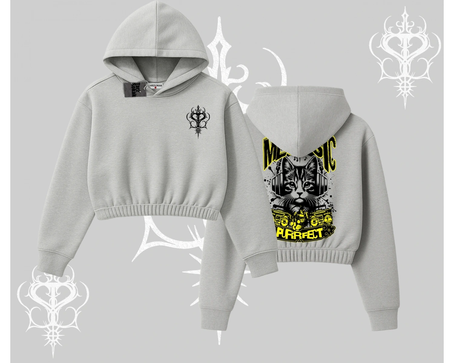 Meowsic Purrfect Kedi Arka Baskılı Kapşonlu Crop Sweatshirt