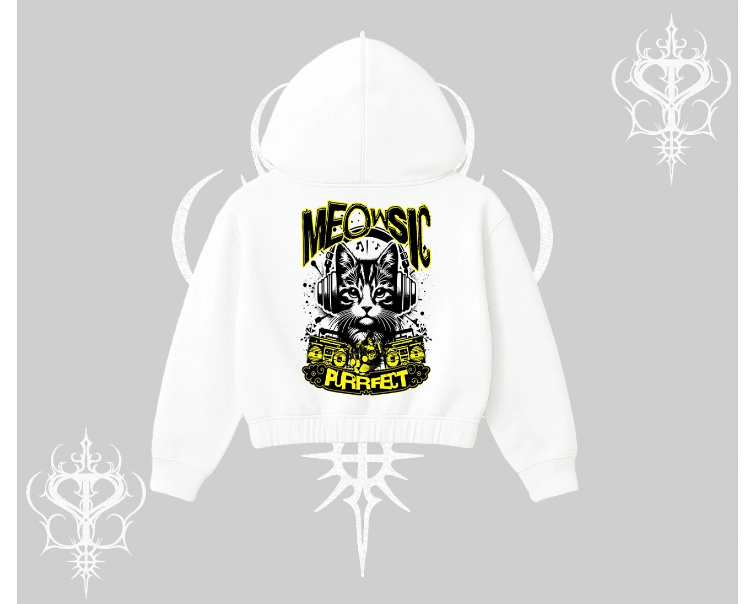 Meowsic Purrfect Kedi Arka Baskılı Kapşonlu Crop Sweatshirt