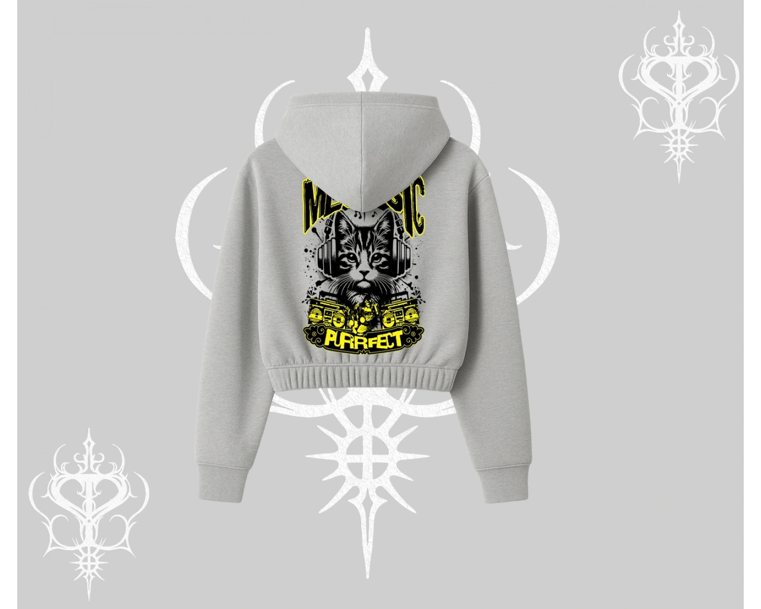 Meowsic Purrfect Kedi Arka Baskılı Kapşonlu Crop Sweatshirt