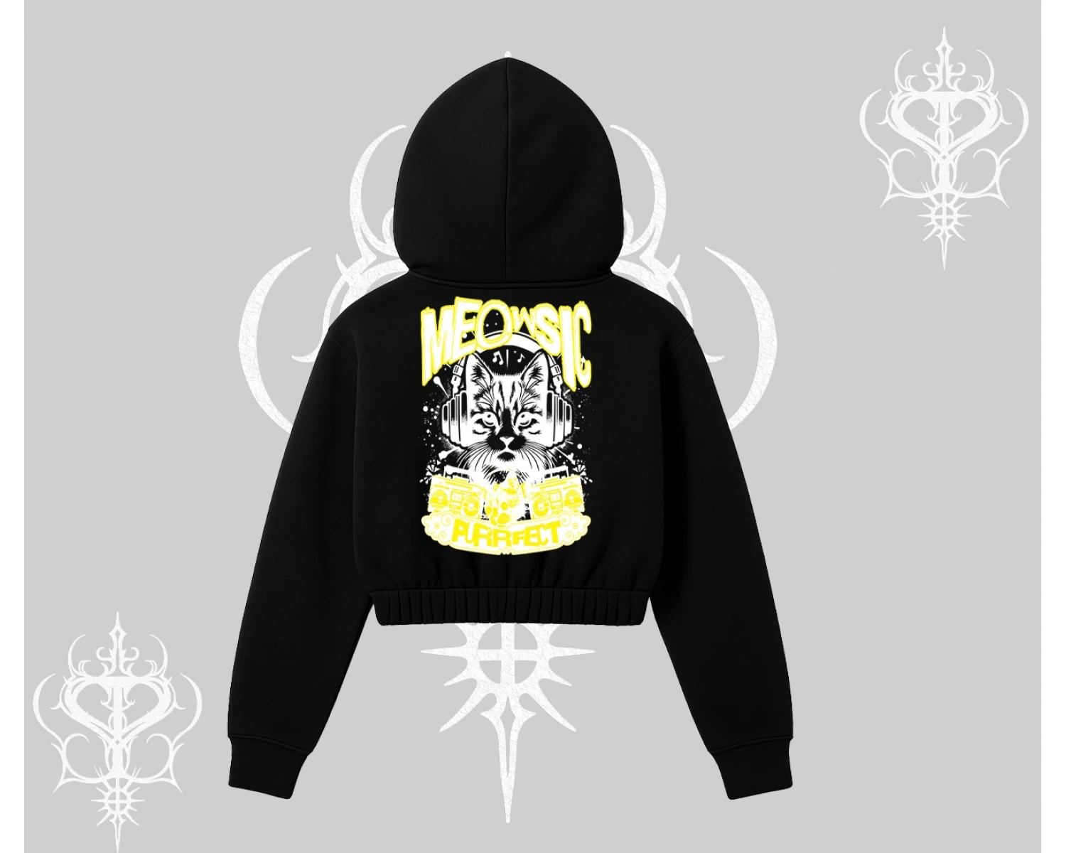 Meowsic Purrfect Kedi Arka Baskılı Kapşonlu Crop Sweatshirt