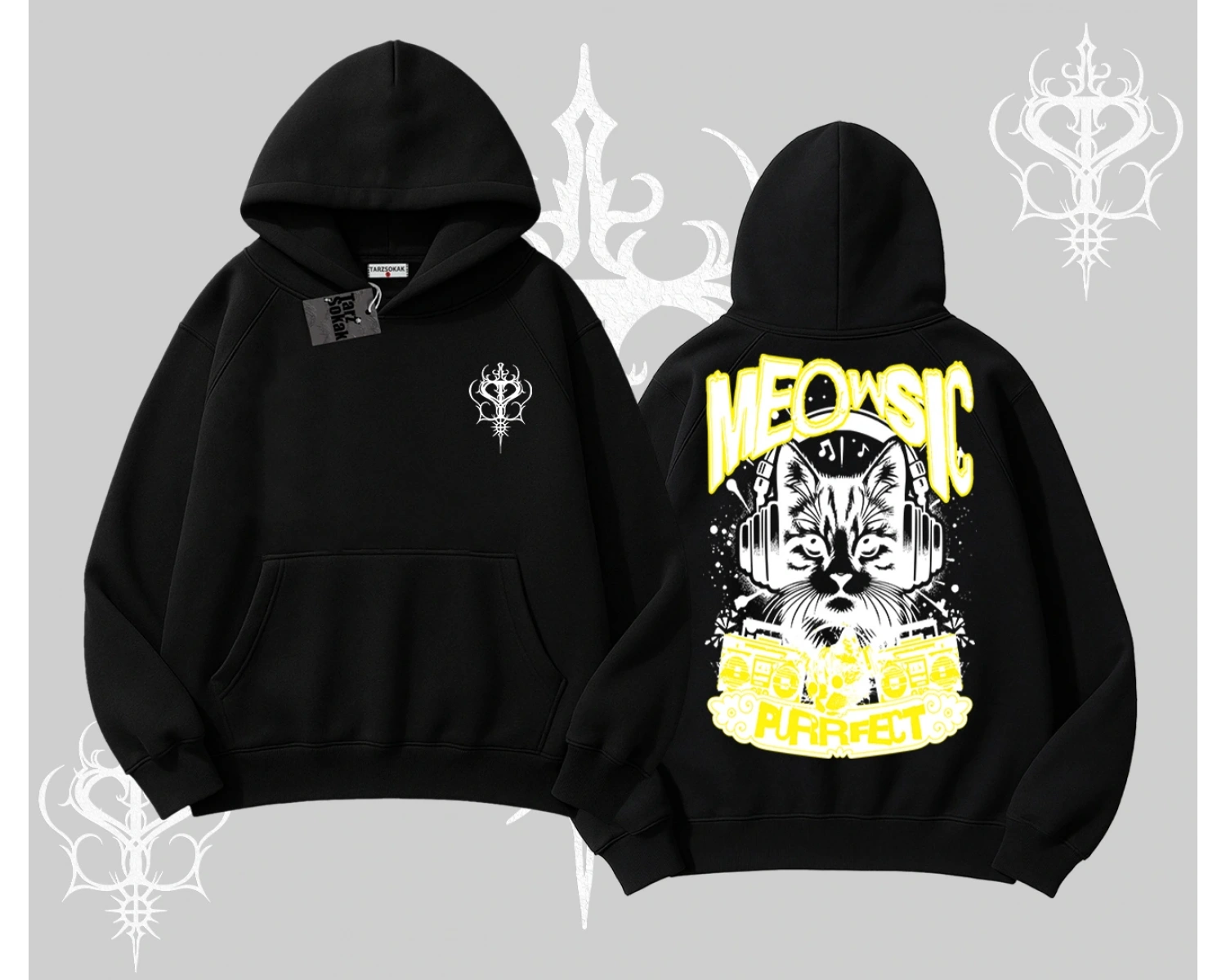 Meowsic Purrfect Kedi Arka Baskılı Kapşonlu Sweatshirt