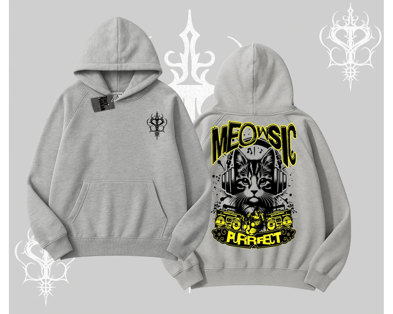 Meowsic Purrfect Kedi Arka Baskılı Kapşonlu Sweatshirt