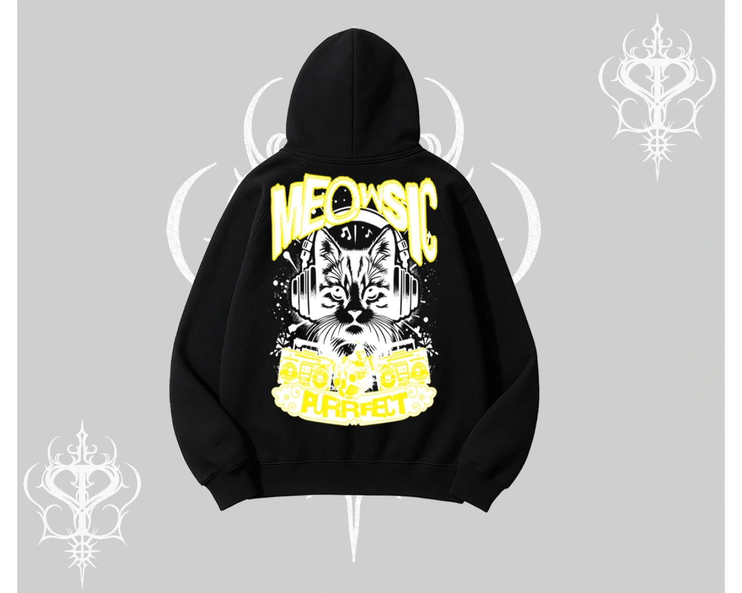 Meowsic Purrfect Kedi Arka Baskılı Kapşonlu Sweatshirt