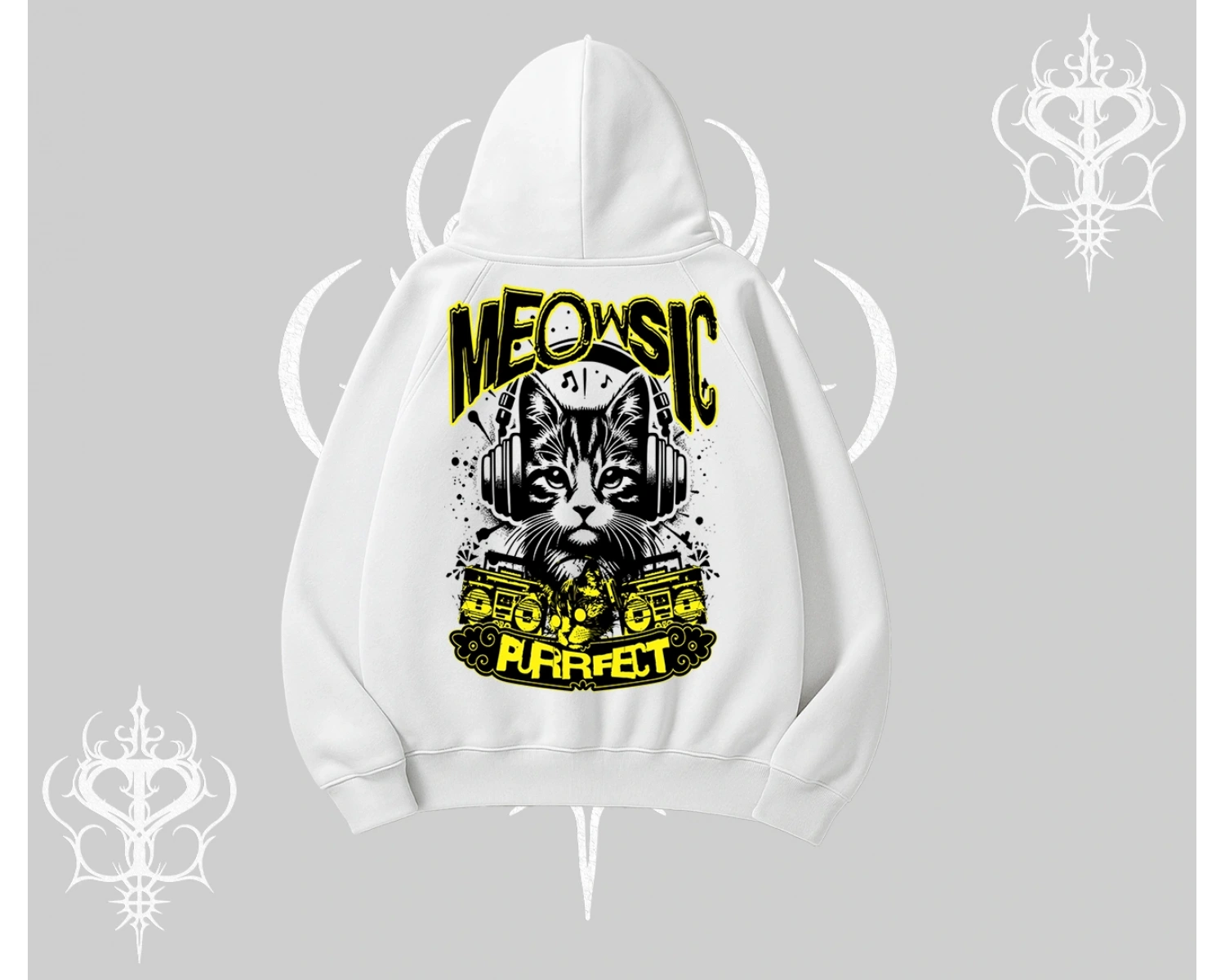 Meowsic Purrfect Kedi Arka Baskılı Kapşonlu Sweatshirt