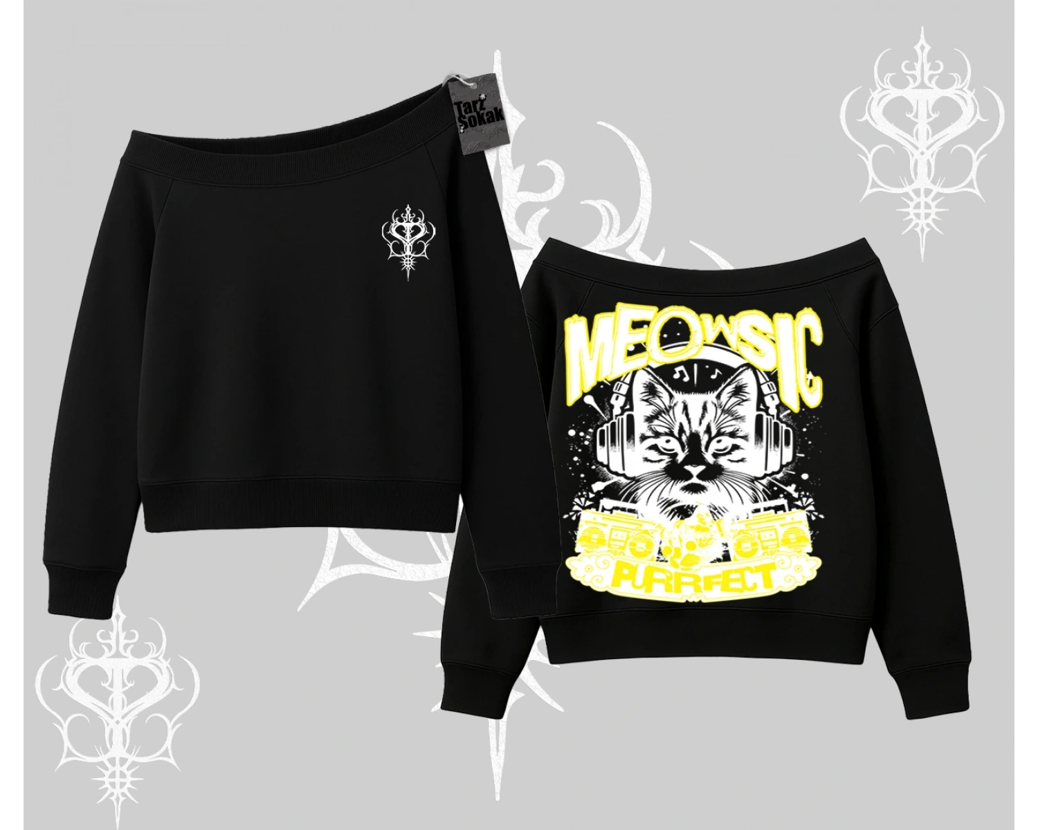 Meowsic Purrfect Kedi Arka Baskılı Kayık Yaka Sweatshirt