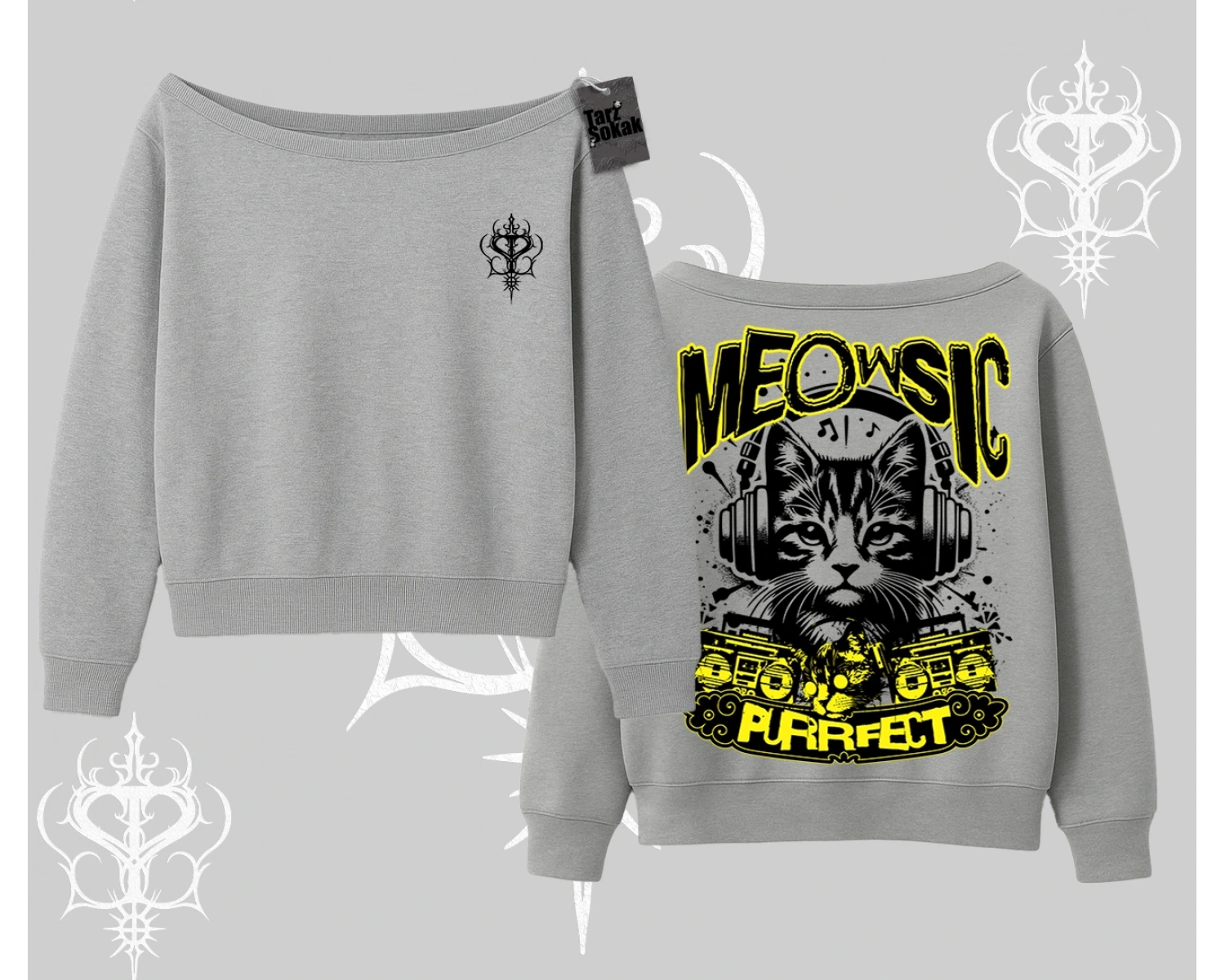 Meowsic Purrfect Kedi Arka Baskılı Kayık Yaka Sweatshirt