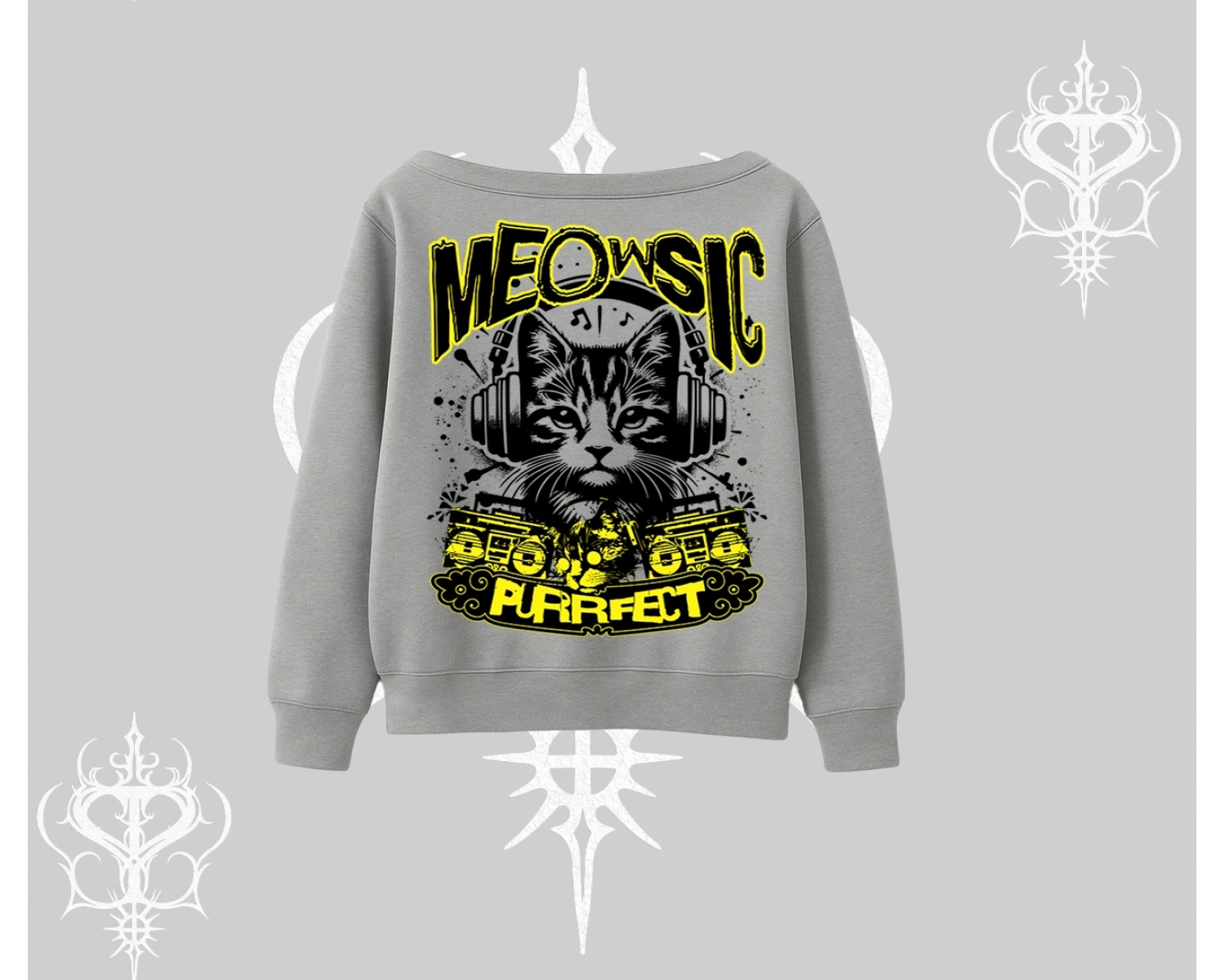 Meowsic Purrfect Kedi Arka Baskılı Kayık Yaka Sweatshirt