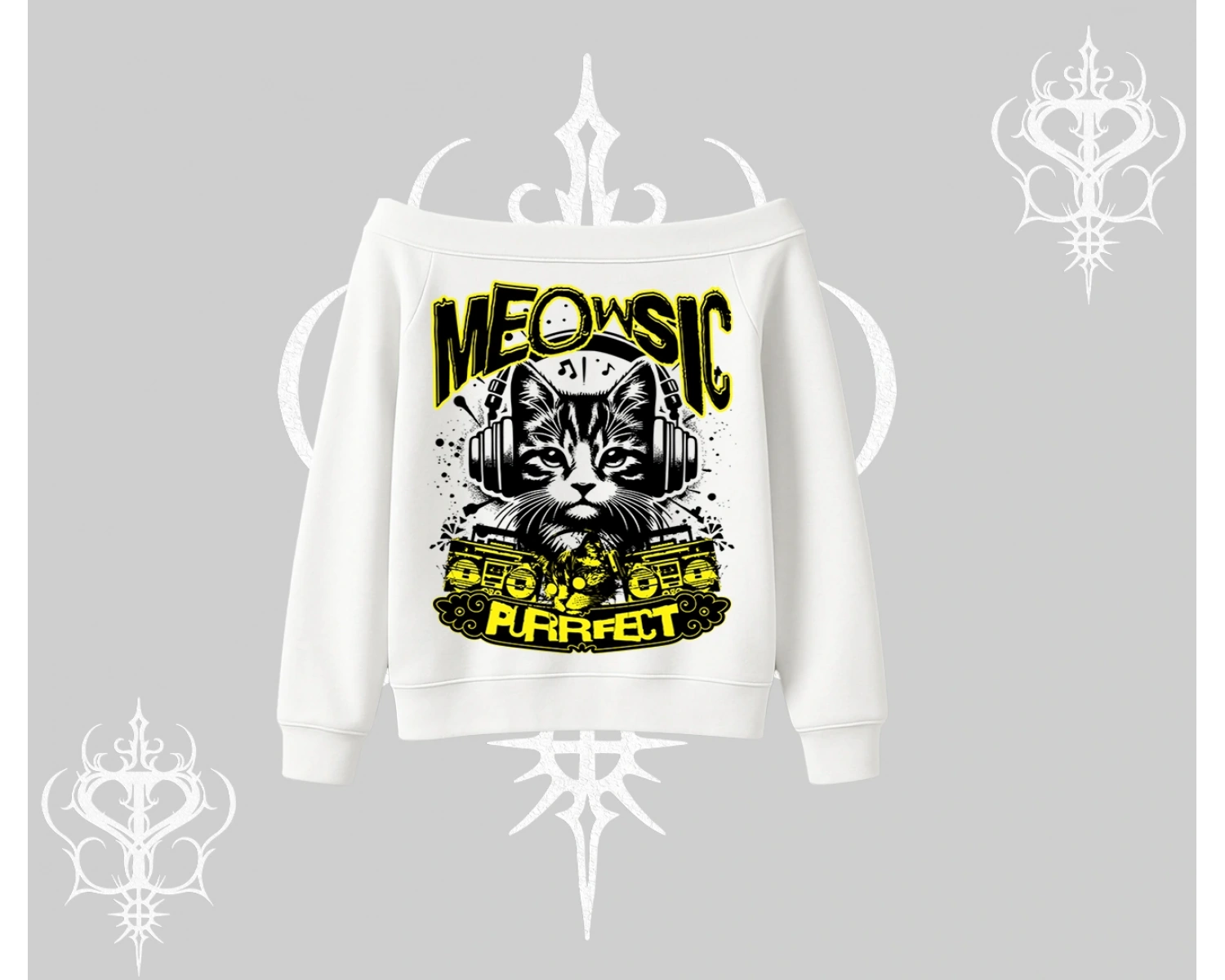Meowsic Purrfect Kedi Arka Baskılı Kayık Yaka Sweatshirt