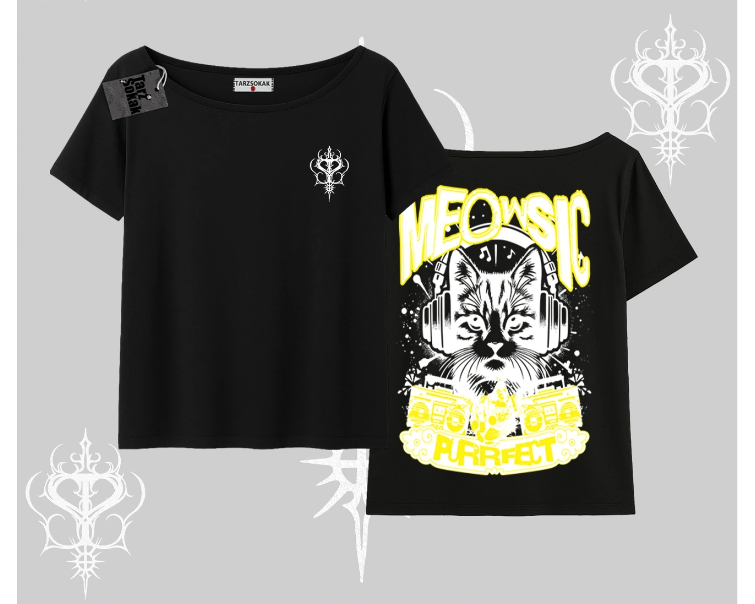 Meowsic Purrfect Kedi Arka Baskılı Kayık Yaka Tshirt