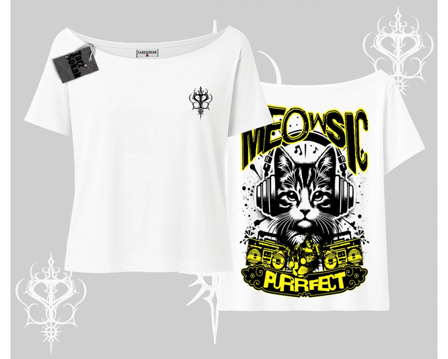 Meowsic Purrfect Kedi Arka Baskılı Kayık Yaka Tshirt